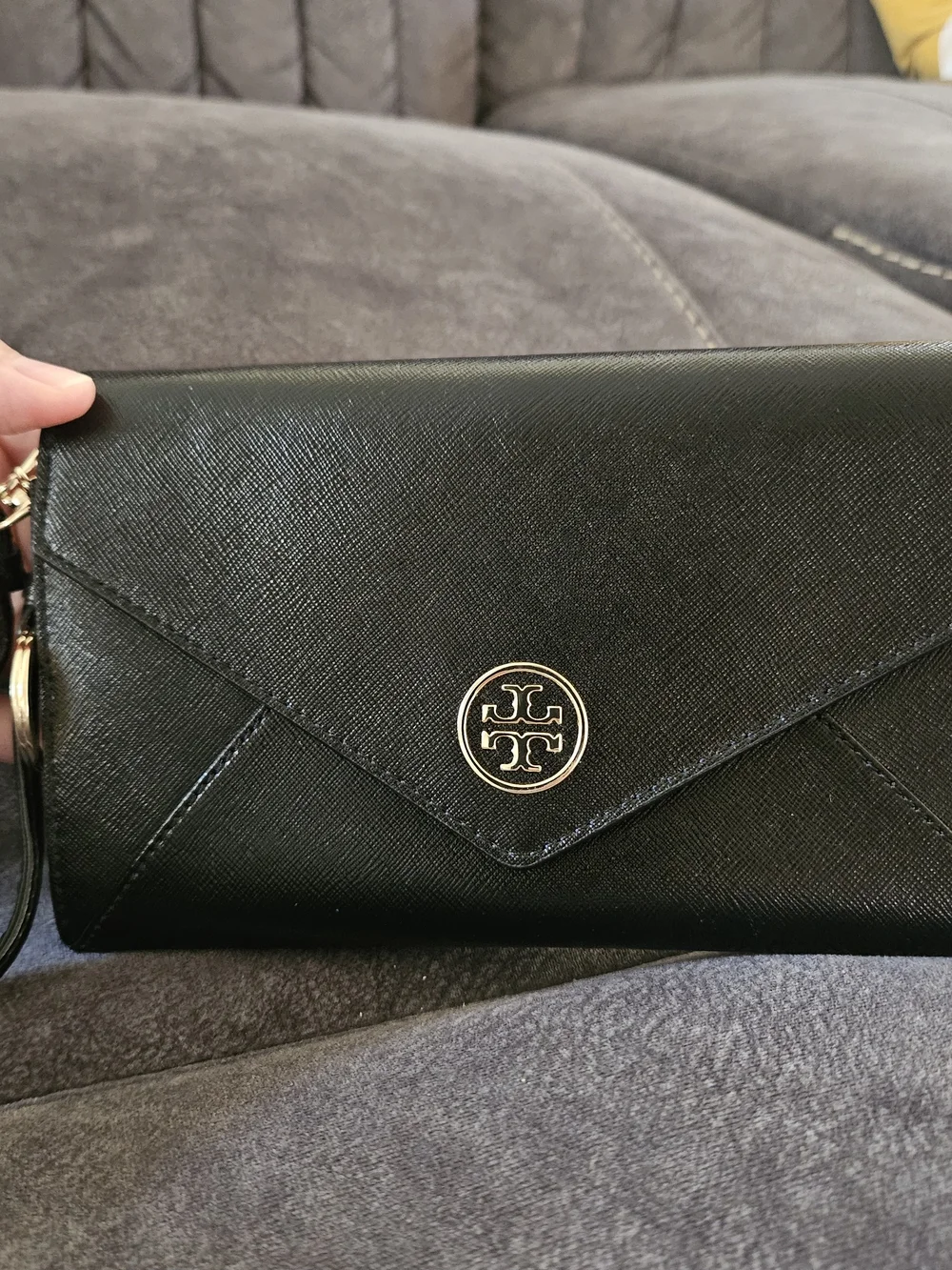 Tory Burch Black Saffiano Leather Clutch Wristlet with Gold Logo